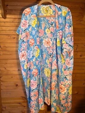 LOFT Yellow and Blue Floral Lightweight Kimono Cover-Up